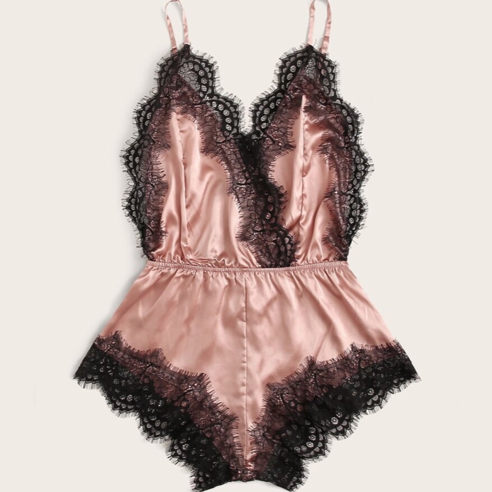 Eyelash Lace Pink Satin Bodysuit Romper S